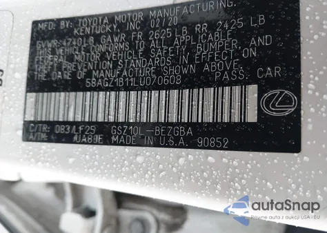 2020 Lexus Es 350 F Sport из США, поврежденный, VIN 58AGZ1B11LU070608